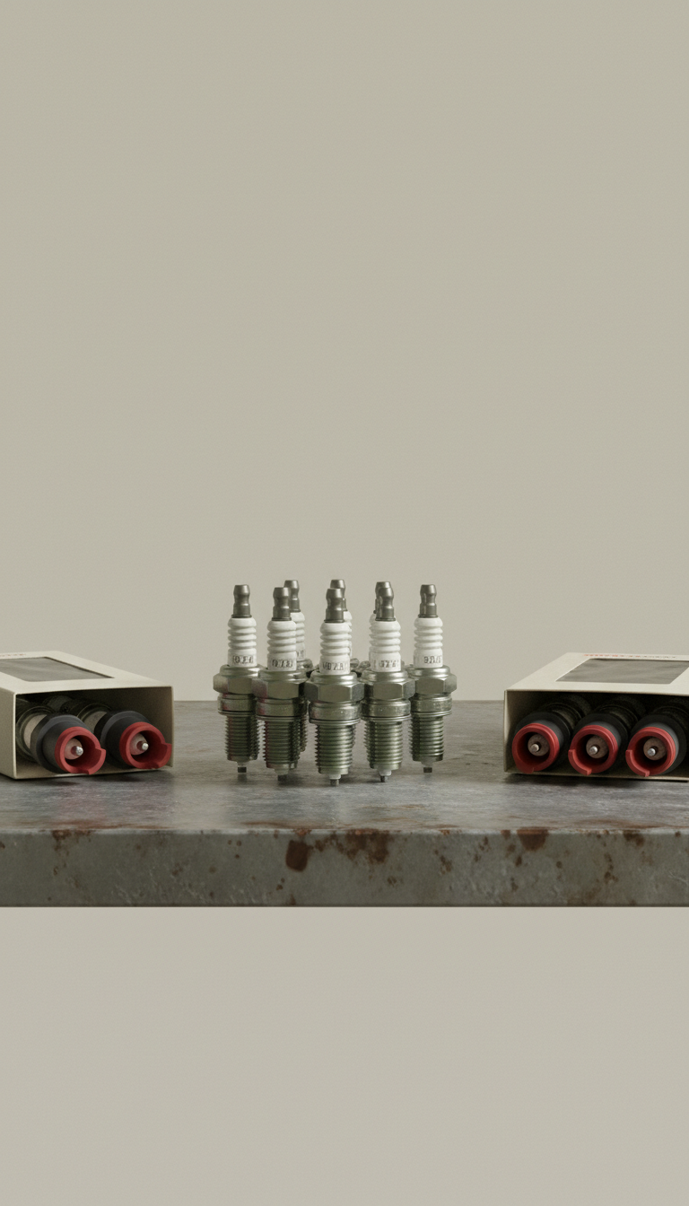 Spark plug set arranged on workbench
